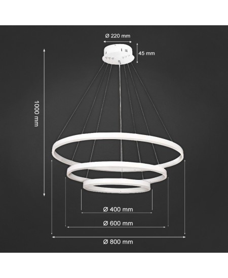LED полилей от три пръстена Ф80х60х40см бял